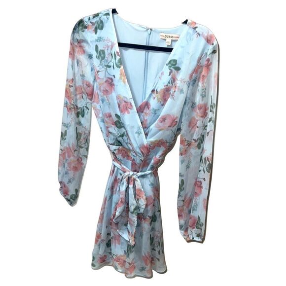 NWOT Small GUESS Blue Floral-Print Sheer Long Sleeved Belted Romper Lita Mini - Picture 2 of 4